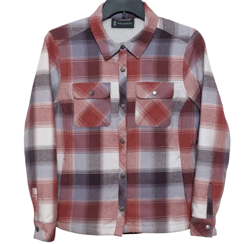 Free Country Plaid Sherpa Lined Snap Front Shirt Jacket Shacket Womens Medium